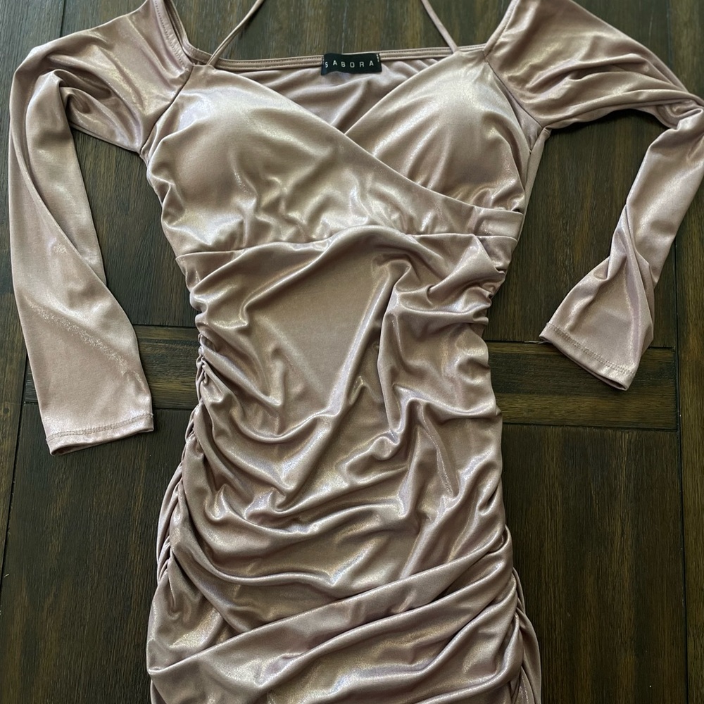 BLUSH HALTER RUCHED DRESS